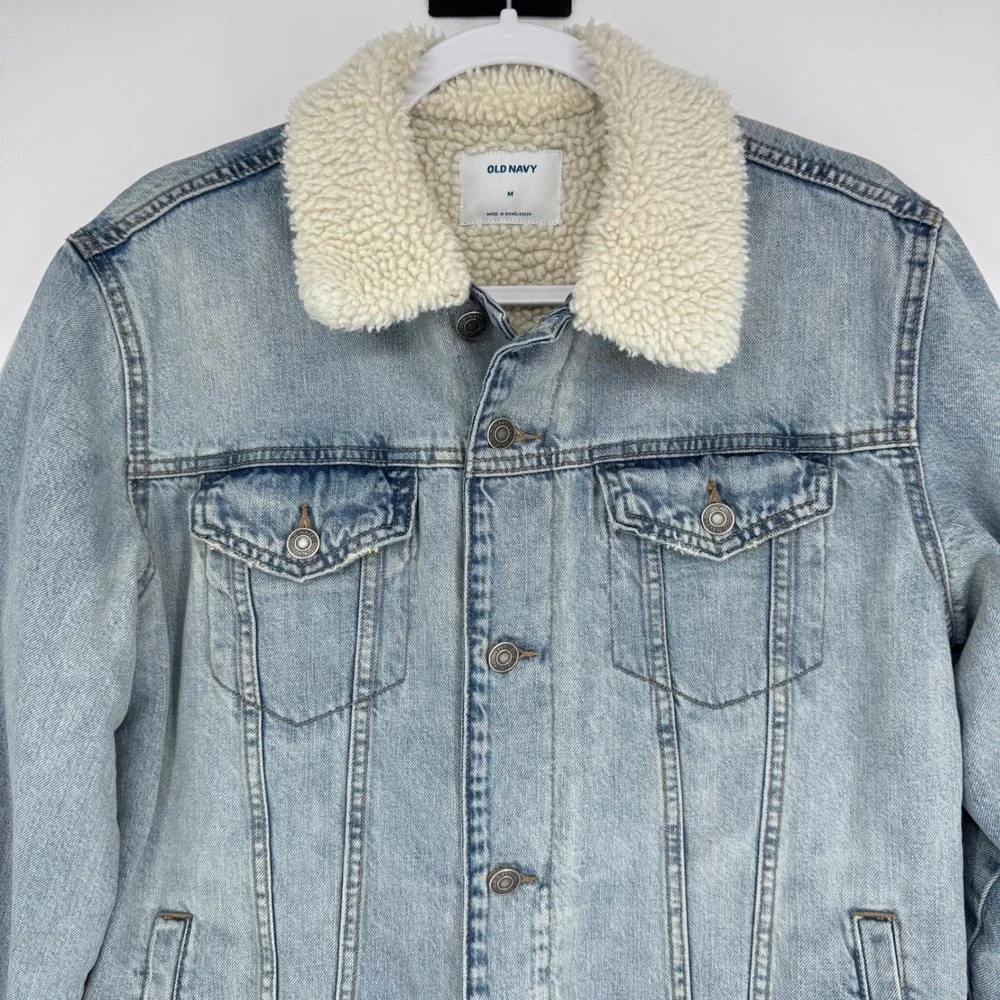 Old Navy Mens Sherpa Lined Denim Trucker Jacket Fall Winter Layering Rugged Sz M
